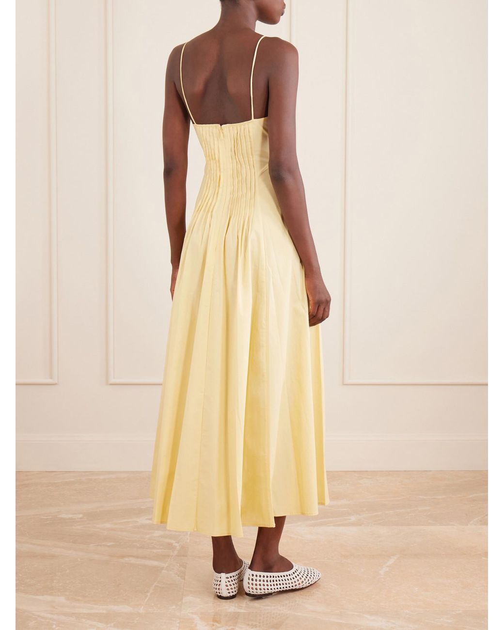 Staud Yellow Margi Ruffled Pleated Cotton-Stretch Poplin Midi Dress