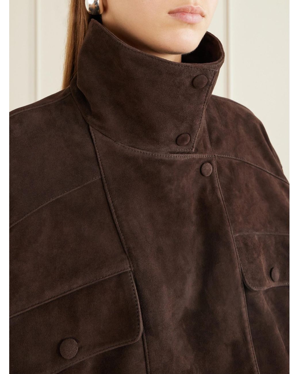 Nour Hammour Brown Quincy Cropped Paneled Suede Bomber Jacket