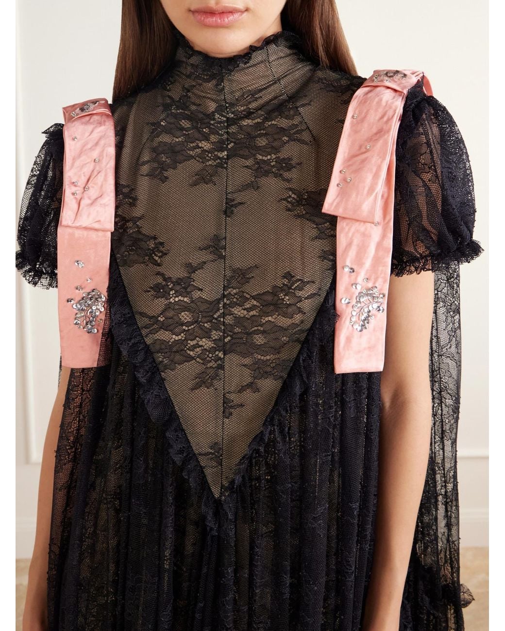 Laceh Color Erdem Bow-Detailed Gathered Lace Gown in Black | Lyst