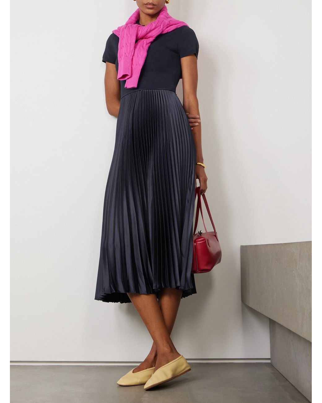 Polo Ralph Lauren Pleated Stretch-Knit And Recycled-Satin Midi Dress in  Blue | Lyst