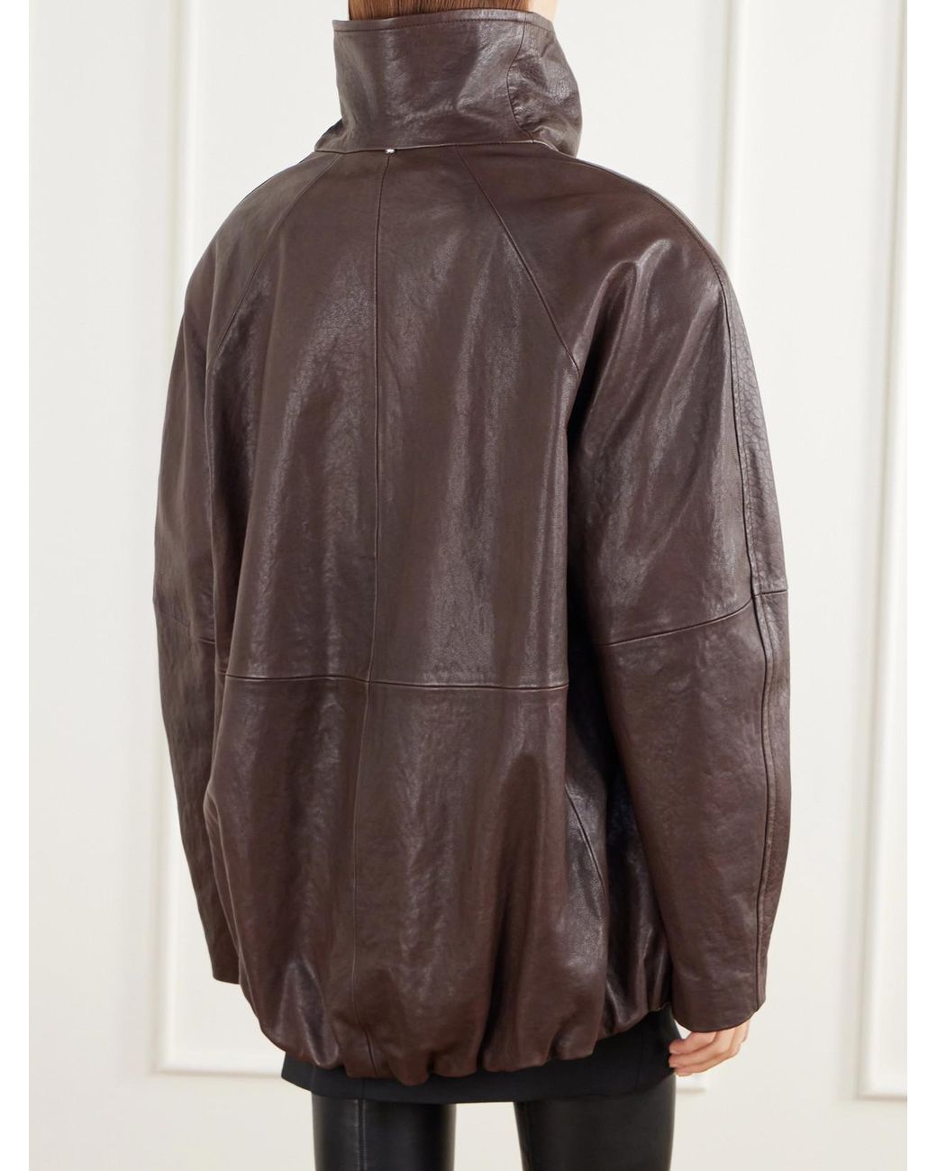 Sportmax Brown Salaggio Funnel-Neck Paneled Hammered And Glossed Leather Jacket
