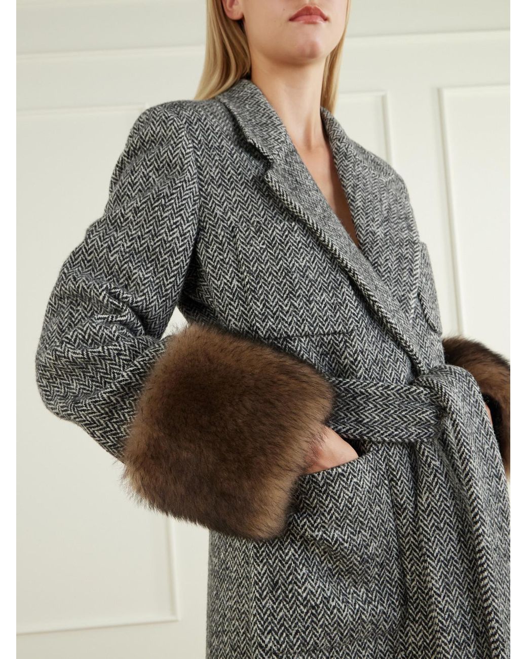 Valentino Garavani Gray Belted Shearling-Trimmed Herringbone Wool-Blend Coat