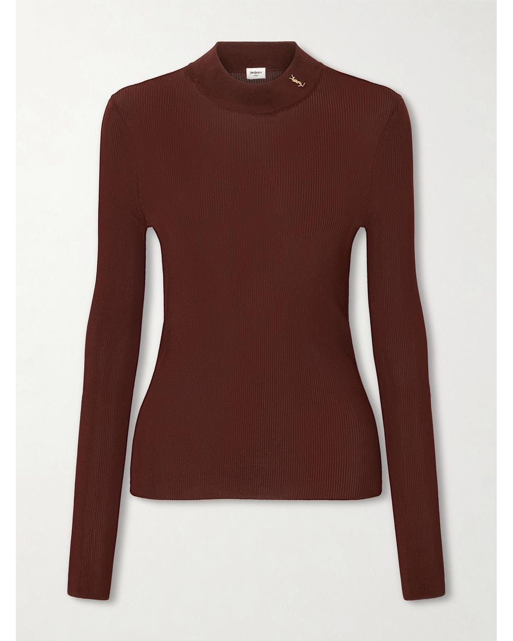 Saint Laurent Brown Cassandre-Embellished Ribbed Silk Top