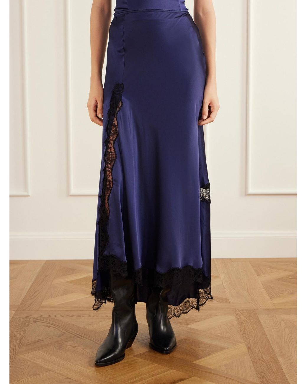 Isabel Marant Blue Alexandra Lace-Detailed Silk-Blend Satin Midi Skirt