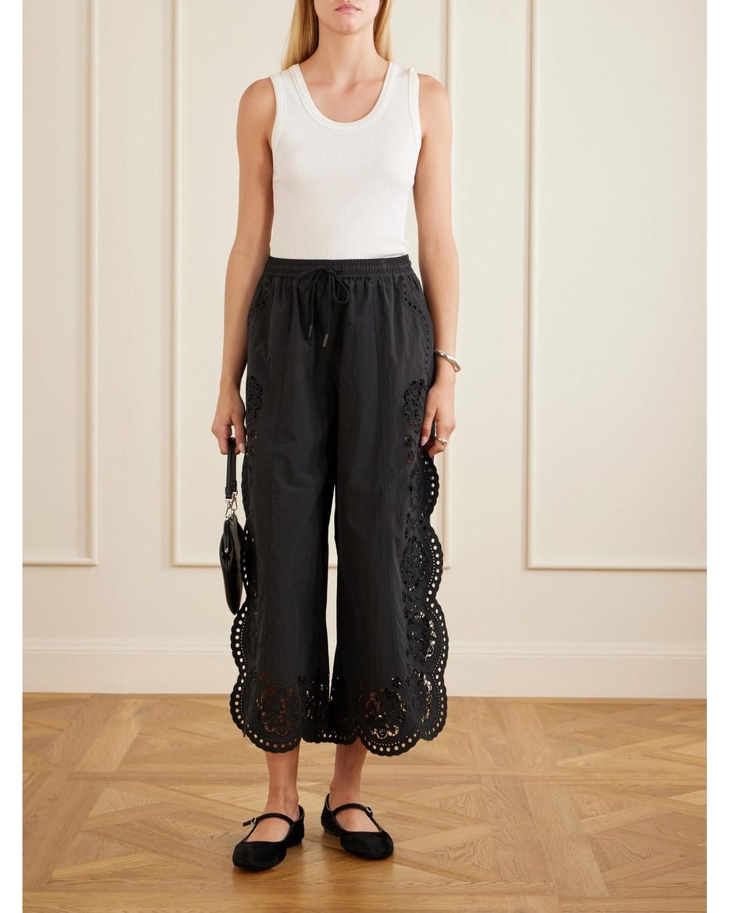 Sea Blue Vittoria Broderie Anglaise-Trimmed Shell Wide-Leg Pants