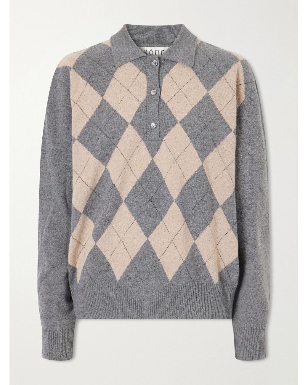 Rohe Gray Argyle Cashmere, Wool And Silk-Blend Polo Sweater