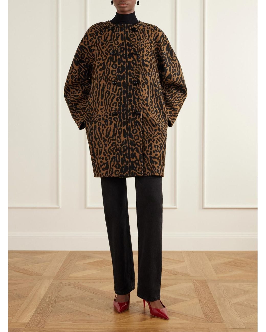 Carolina Herrera Brown Cocoon Leopard-Jacquard Wool Coat