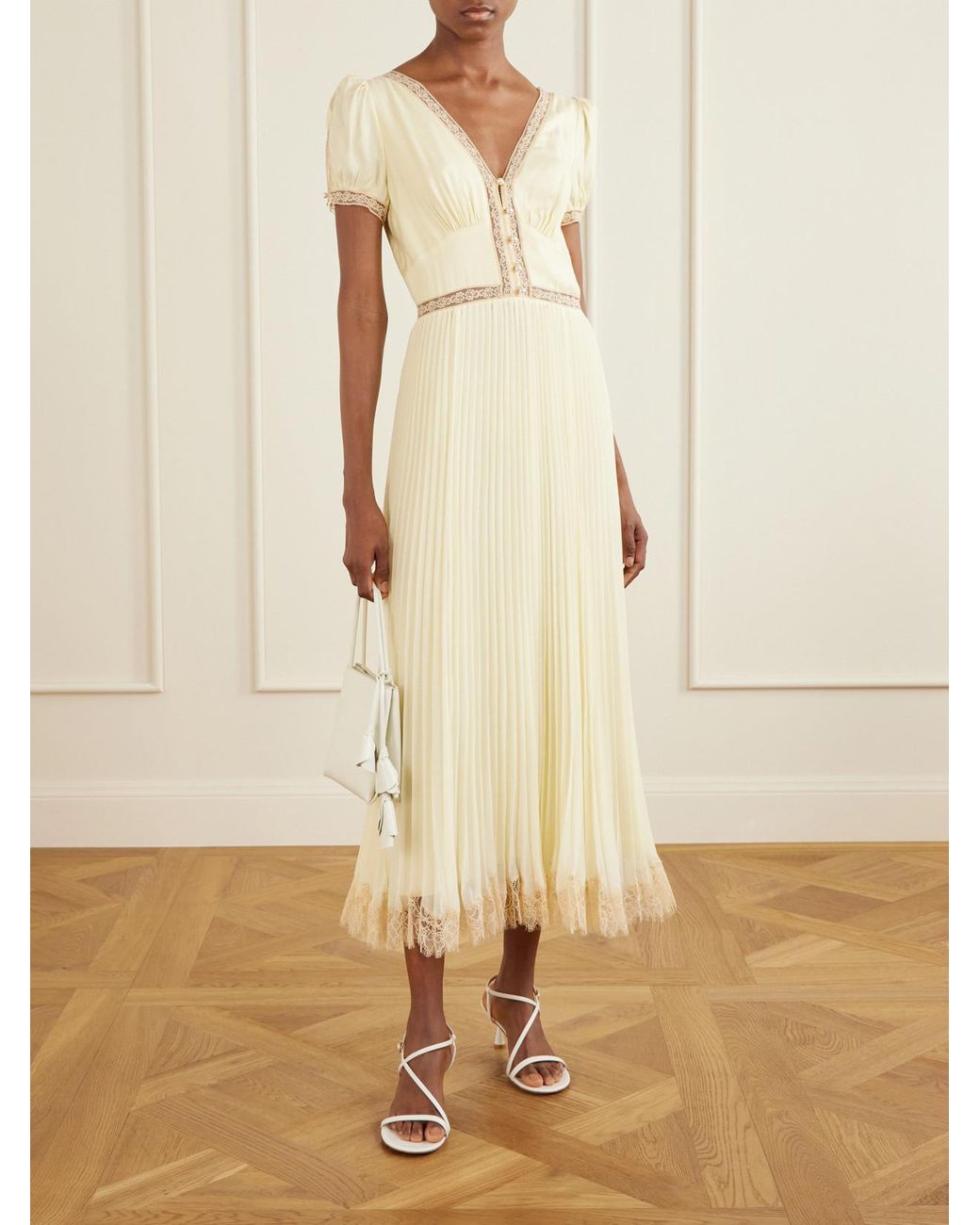 Self-Portrait Natural Lace-Trimmed Pleated Crepe Midi Dress