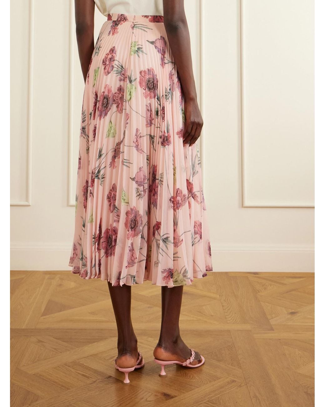 Erdem Pink Floral-Print Plissé-Voile Midi Skirt
