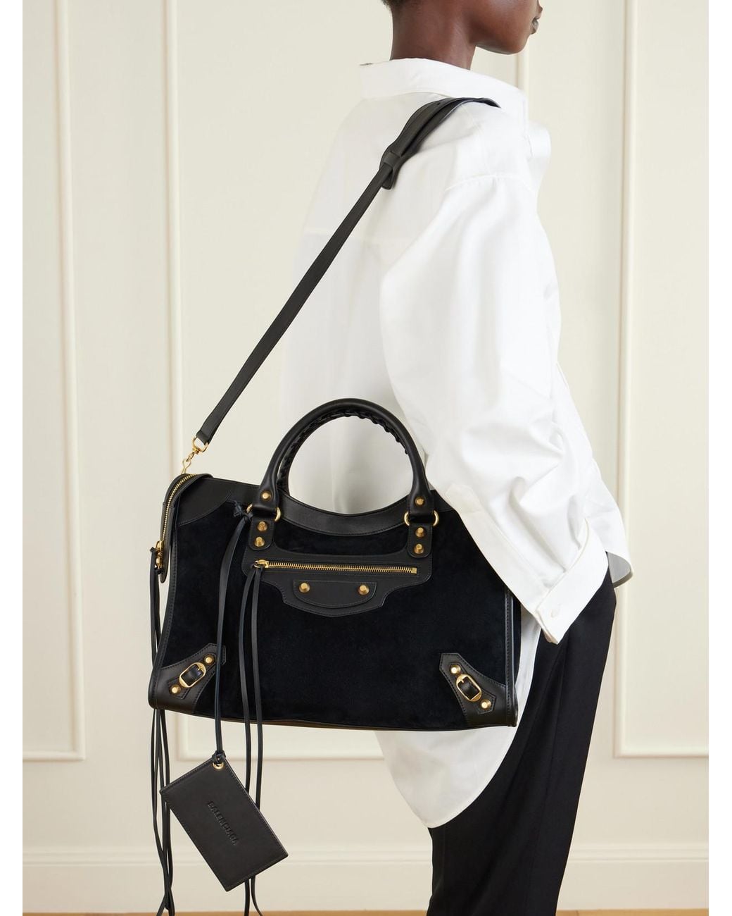 Balenciaga Black Le City Studded Leather-Trimmed Suede Shoulder Bag