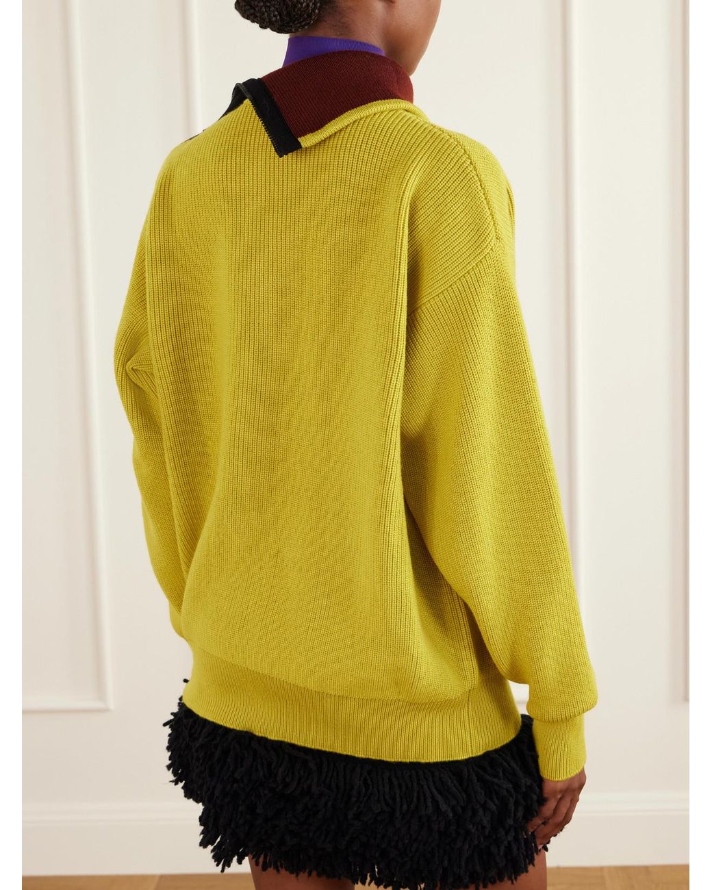Loewe Yellow Zip-Detailed Leather-Trimmed Ribbed Wool-Blend Turtleneck Sweater