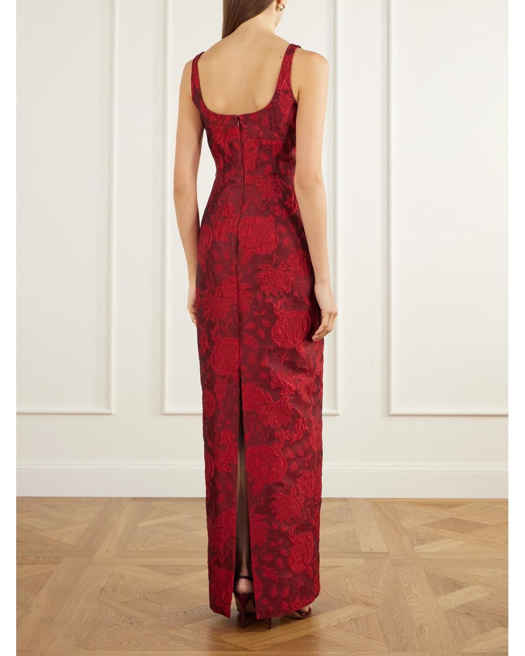 Emilia Wickstead Red Megara Paneled Darted Floral-Cloqué Gown