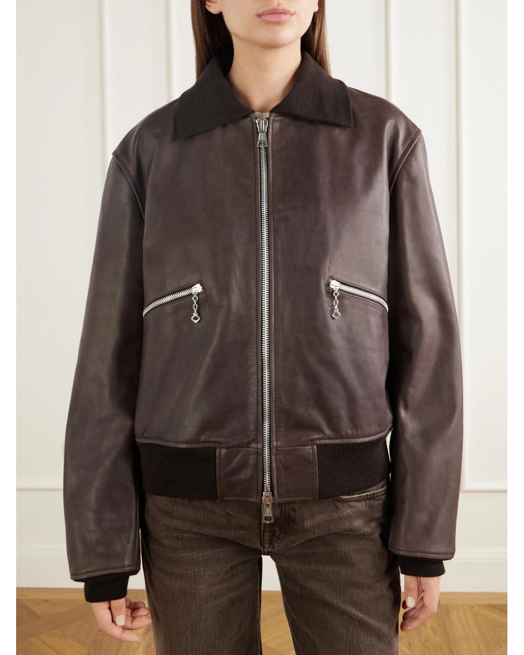 Our Legacy Black Waxed Cotton-Trimmed Leather Bomber Jacket