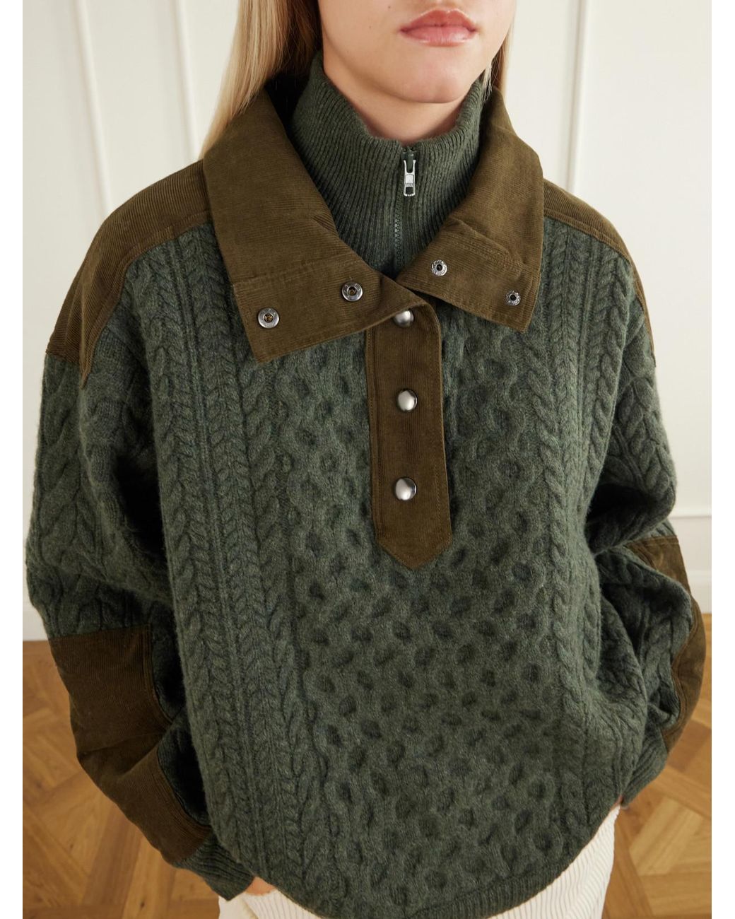 Sea Green Allen Cotton Corduroy-Trimmed Cable-Knit Wool Sweater