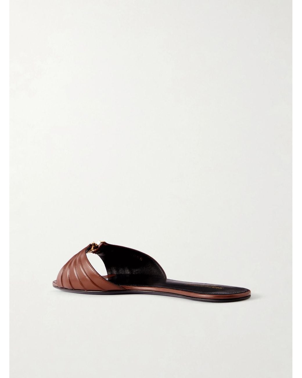 Saint Laurent Brown Babylone Cassandre-Embellished Gathered Glossed-Leather Slides