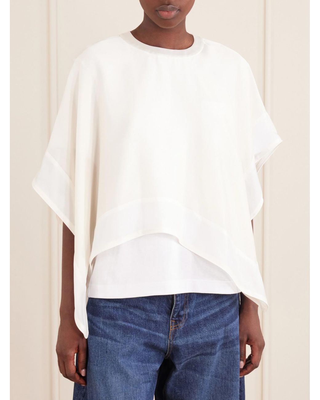 Sacai White Layered Cotton-Trimmed Satin Blouse
