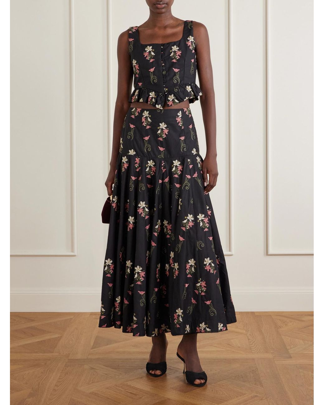 Agua Bendita Black Nacar Noche Floral-Embroidery Cotton Maxi Skirt