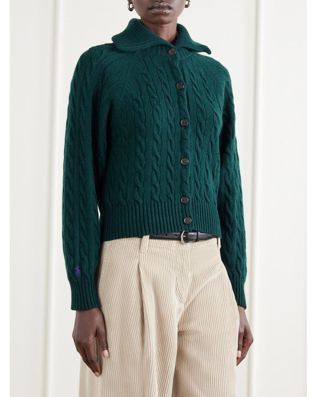 Polo Ralph Lauren Green Cropped Cable-Knit Wool And Cashmere-Blend Cardigan