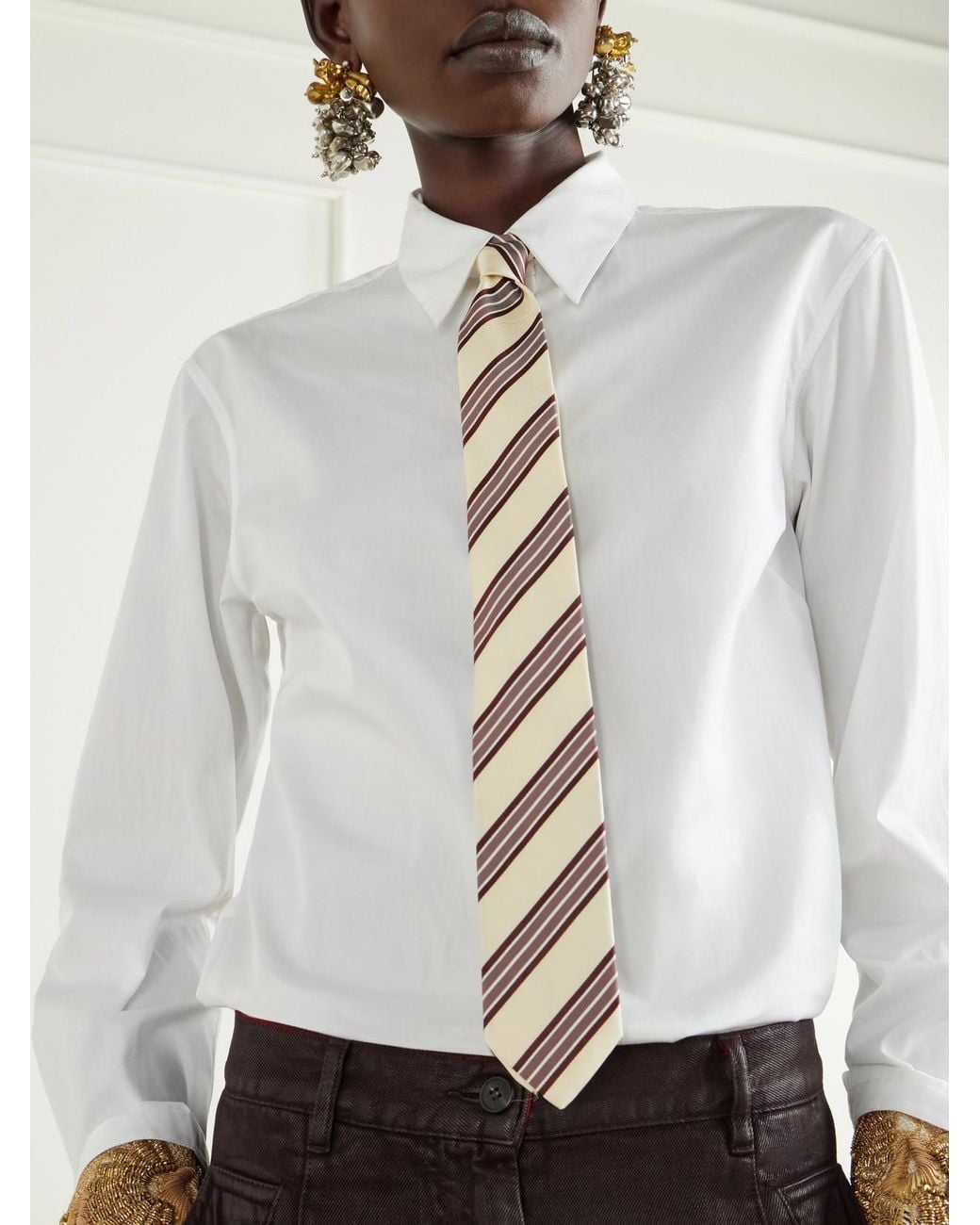 Dries Van Noten White Striped Silk-Jacquard Tie