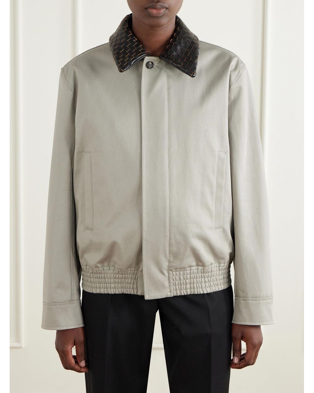 Bottega Veneta Gray Intrecciato Leather-Trimmed Cotton Jacket