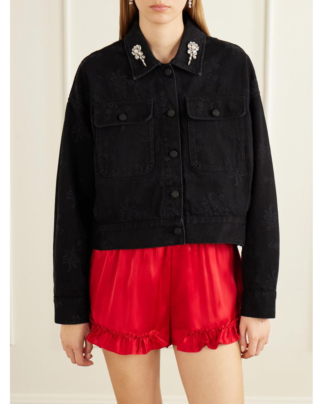 Simone Rocha Black Crystal-Embellished Floral-Print Denim Jacket