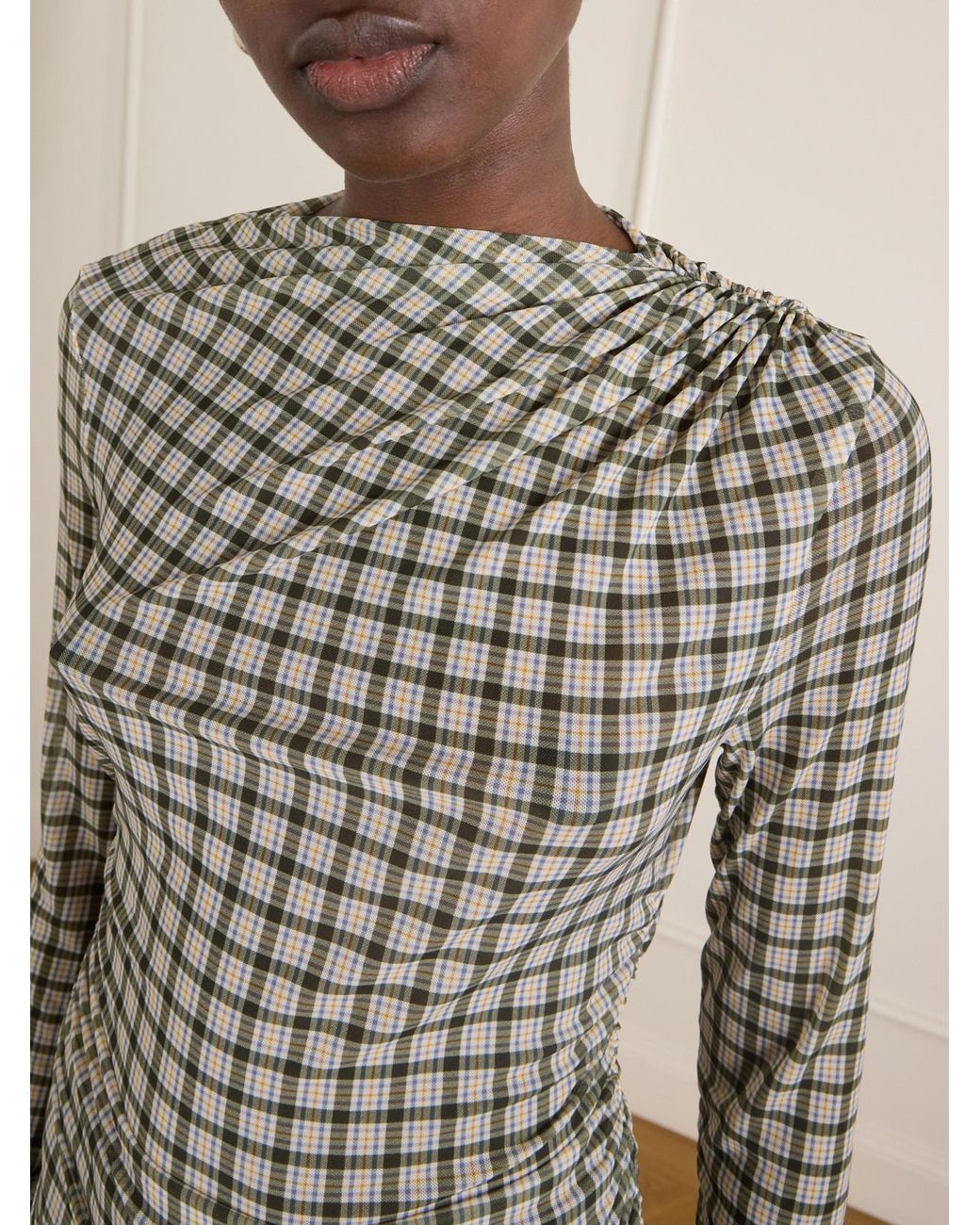 Veronica Beard White Nuvina Gathered Checked Stretch-Mesh Blouse