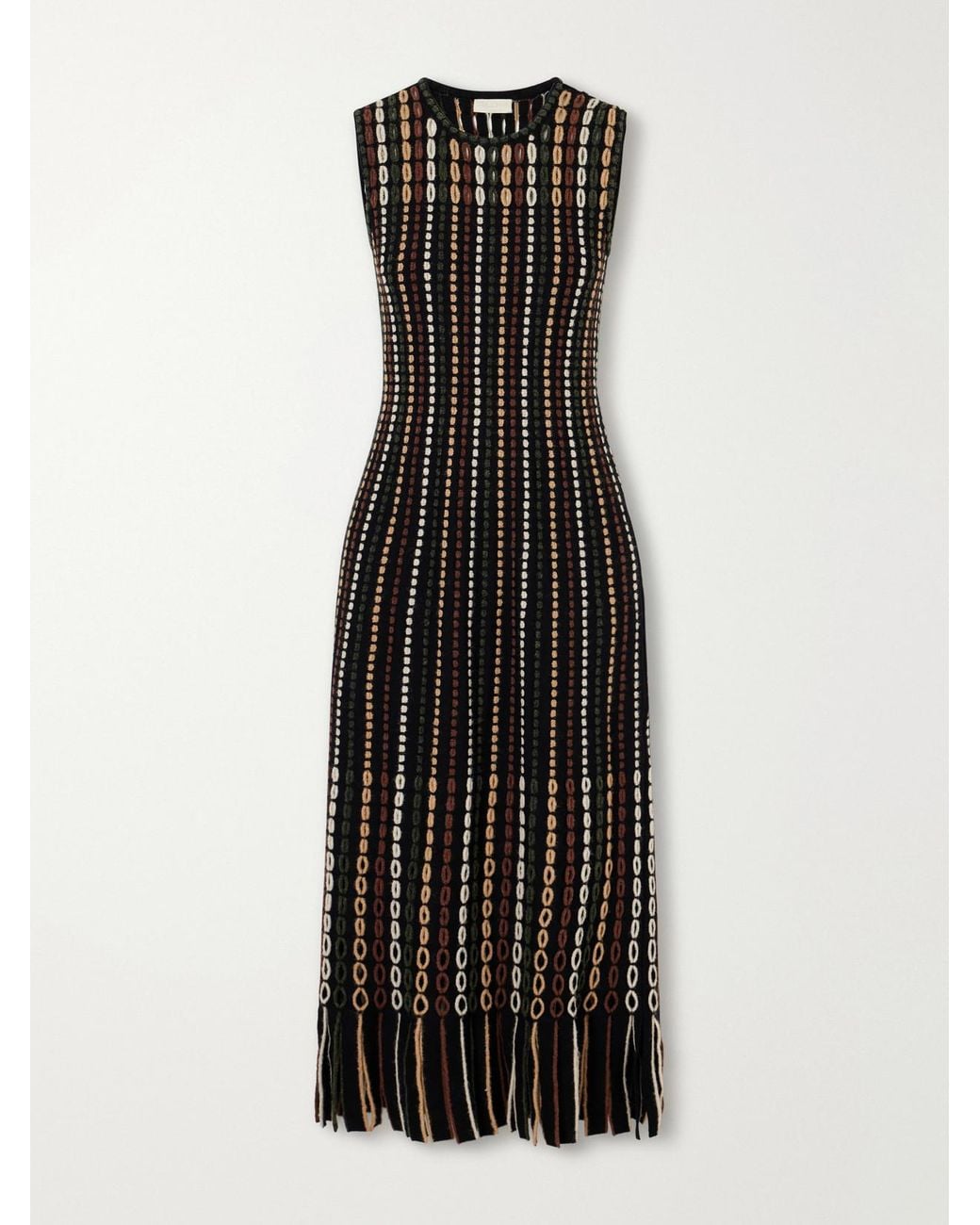 Ulla Johnson Black Amina Cut-Out Fringed Jacquard-Knit Wool-Blend Midi Dress