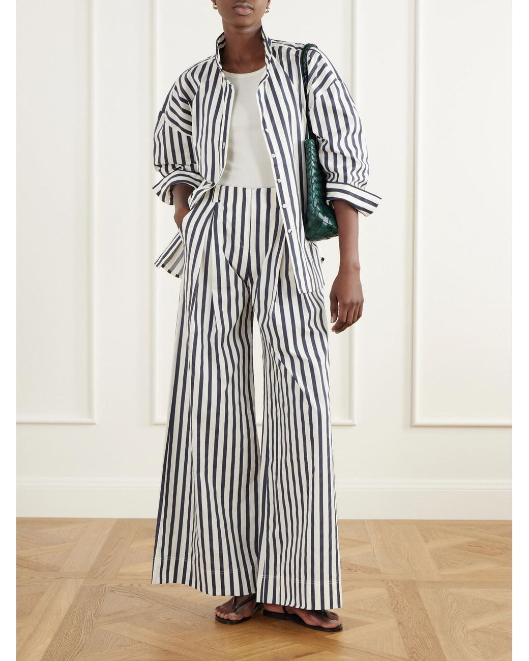 ANDRES OTALORA White Unna Pleated Striped Cotton-Poplin Wide-Leg Pants