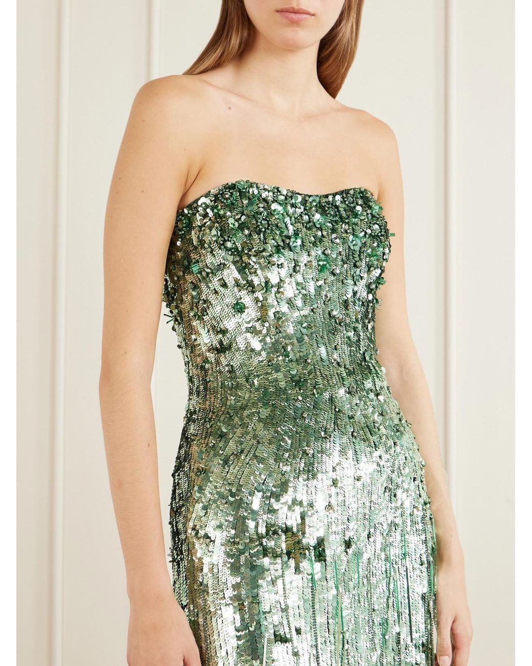 Jenny Packham Green Kimi Frayed Sequined Tulle Gown