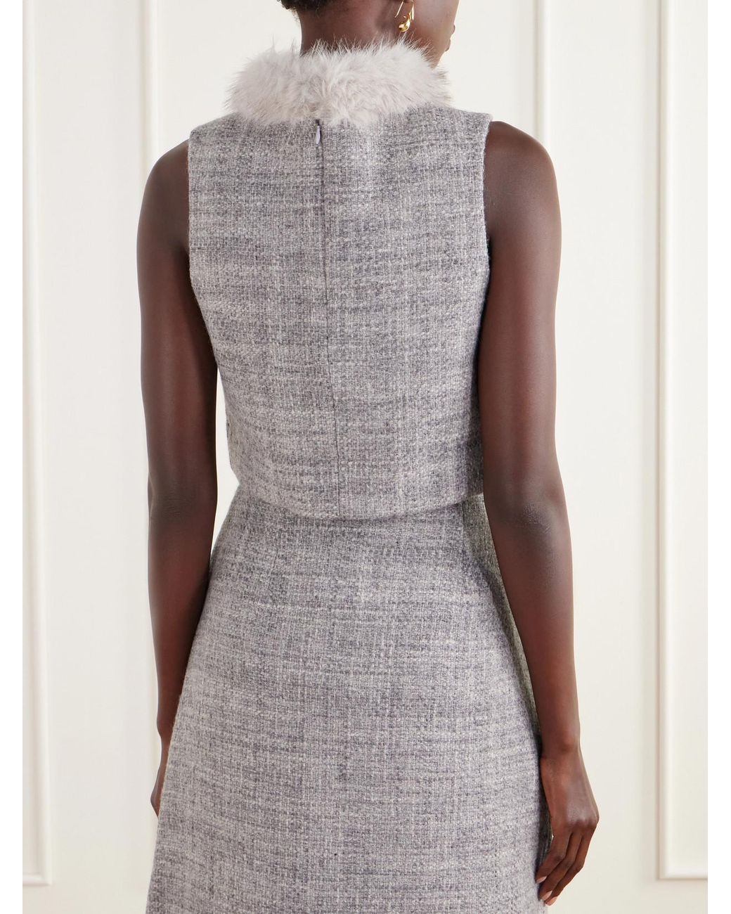 Cara Cara Gray Gina Plush-Trimmed Wool-Blend Tweed Top