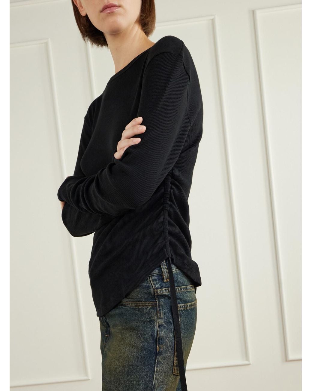 Ann Demeulemeester Black Dot Gathered Ribbed Cotton T-Shirt