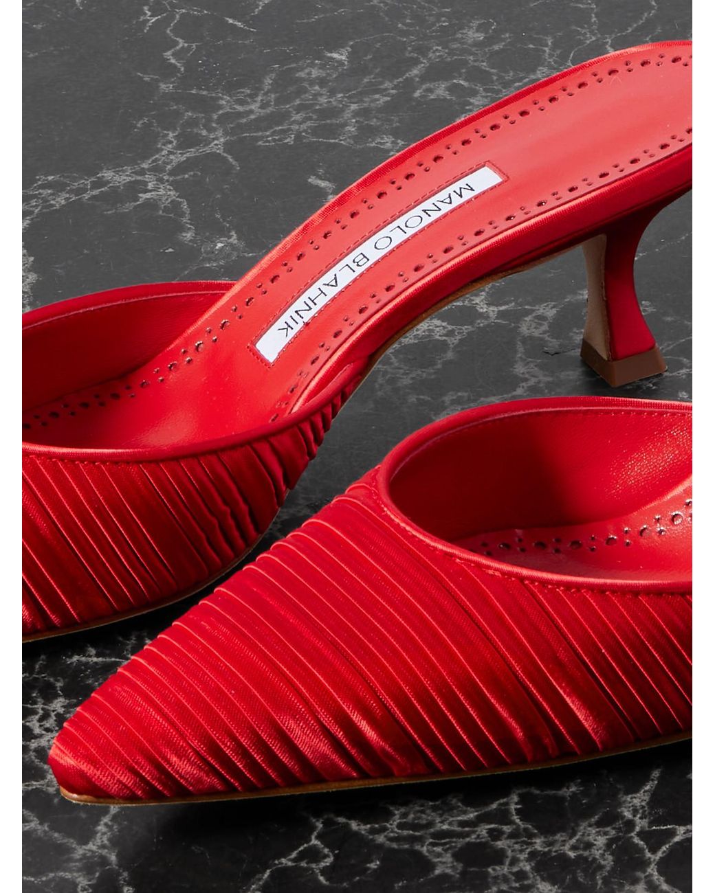 Manolo Blahnik Carolyne 50 Pleated Leather-Trimmed Satin Mules in