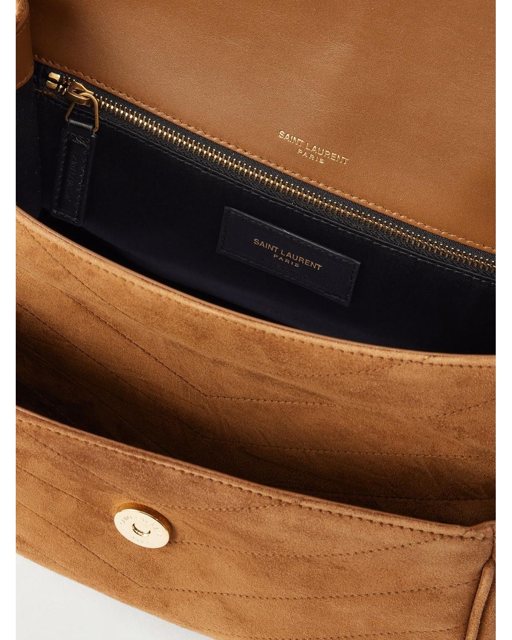 Saint Laurent Brown Niki Cassandre-Embellished Suede Shoulder Bag