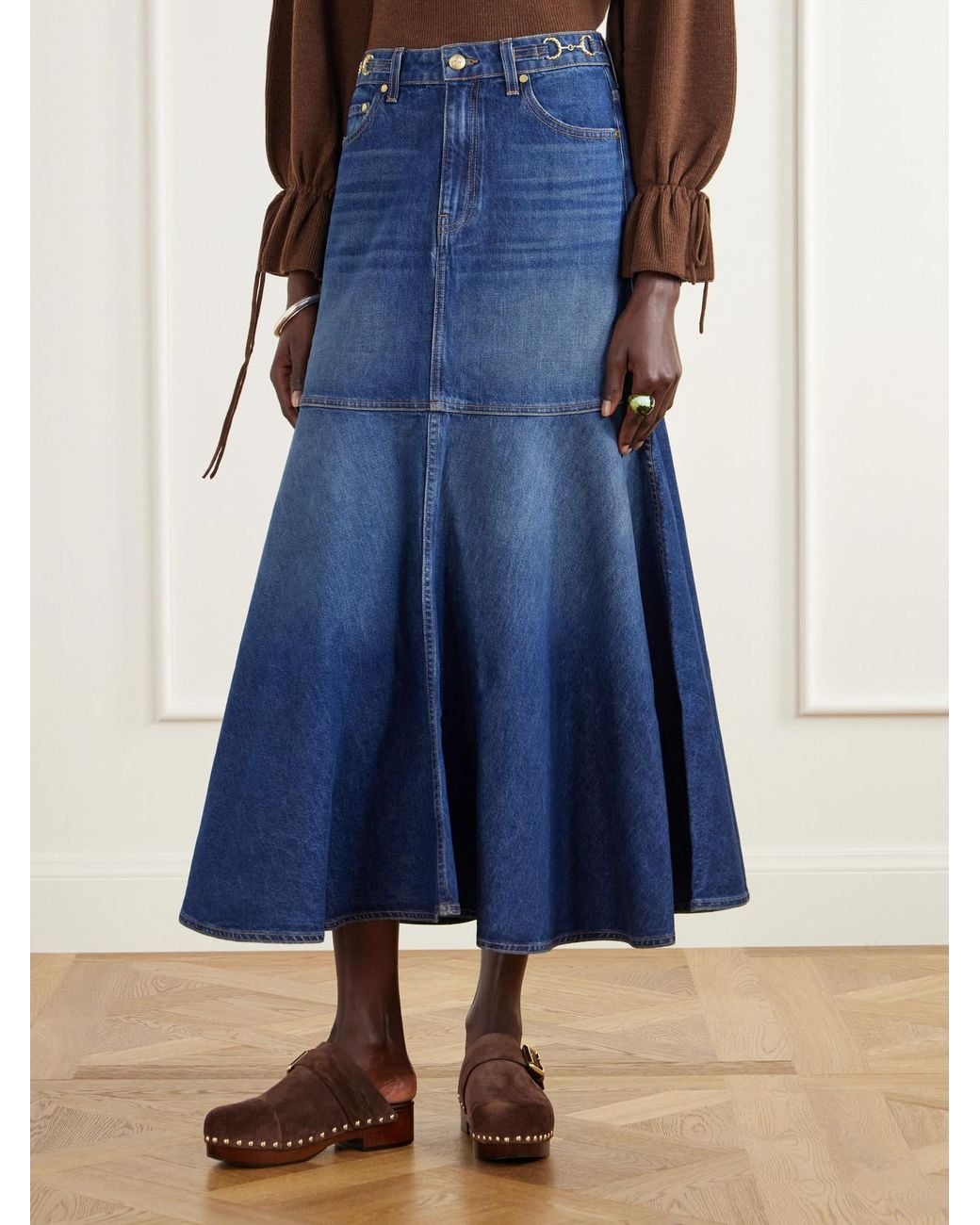 Ulla Johnson Blue The Madelyn Embellished Paneled Denim Maxi Skirt