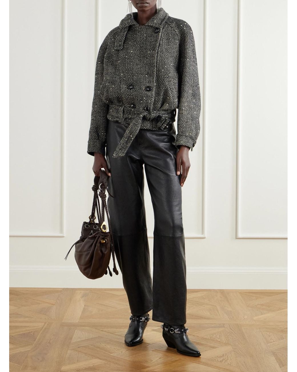 Isabel Marant Gray Elvane Belted Herringbone Wool-Blend Coat