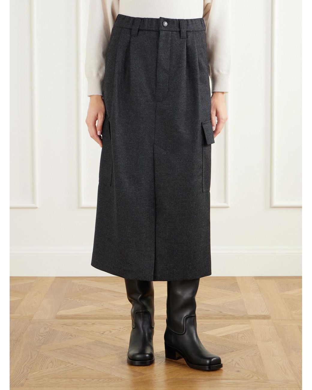 Brunello Cucinelli Black Pleated Wool And Cashmere-Blend Twill Midi Skirt