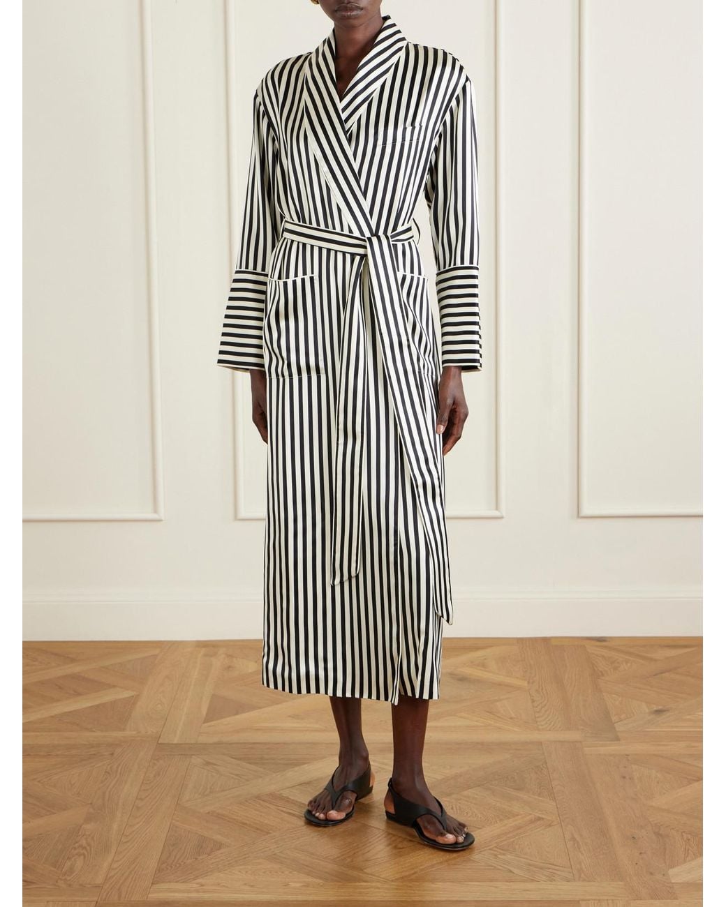 Olivia Von Halle White Nika Belted Striped Silk-Satin Robe