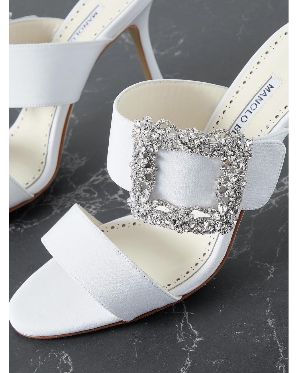 Manolo Blahnik White Gable 90 Buckled Crepe De Chine Mules