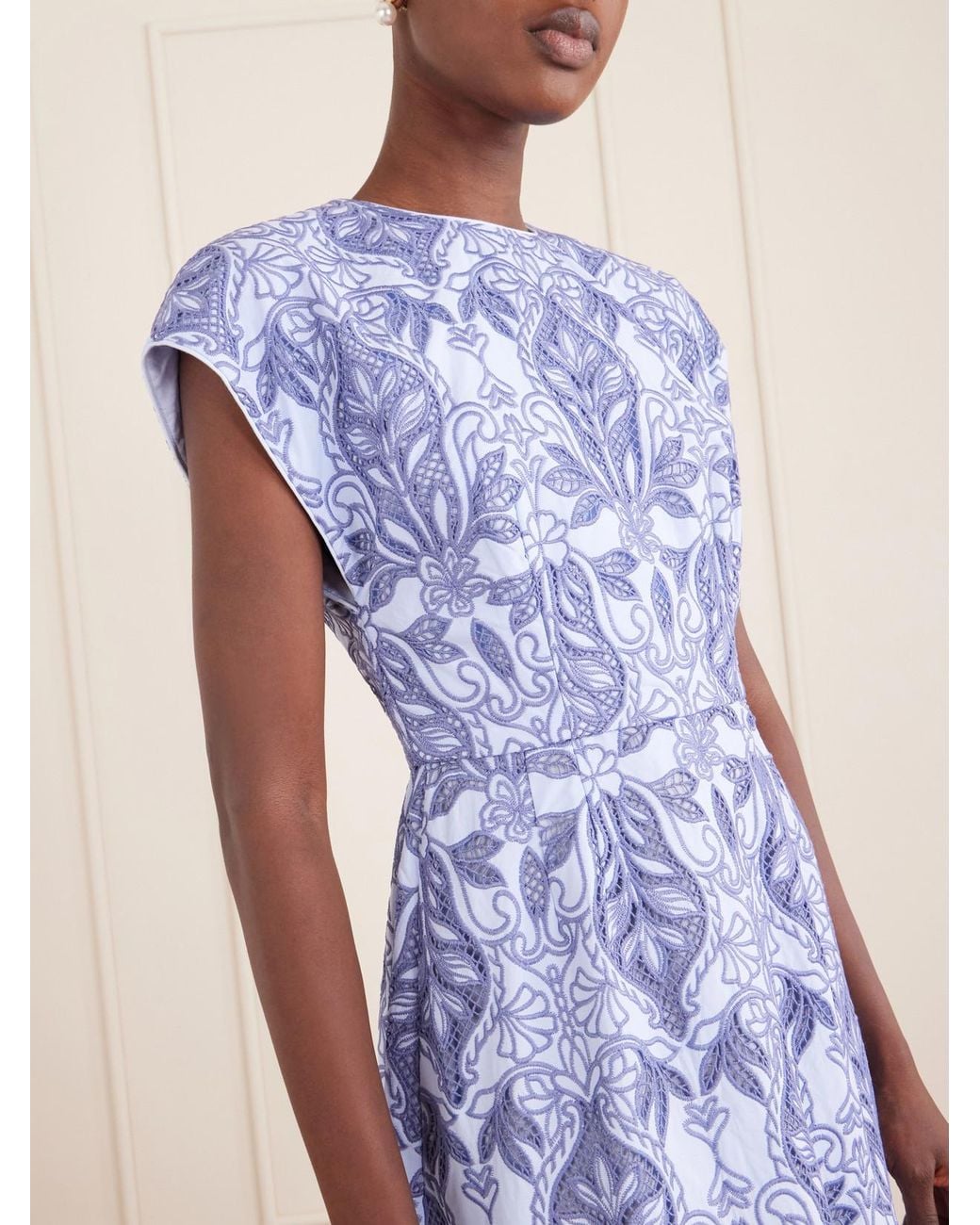 Rebecca Vallance Blue Blooming Lanterns Scalloped Embroidered Cotton Midi Dress