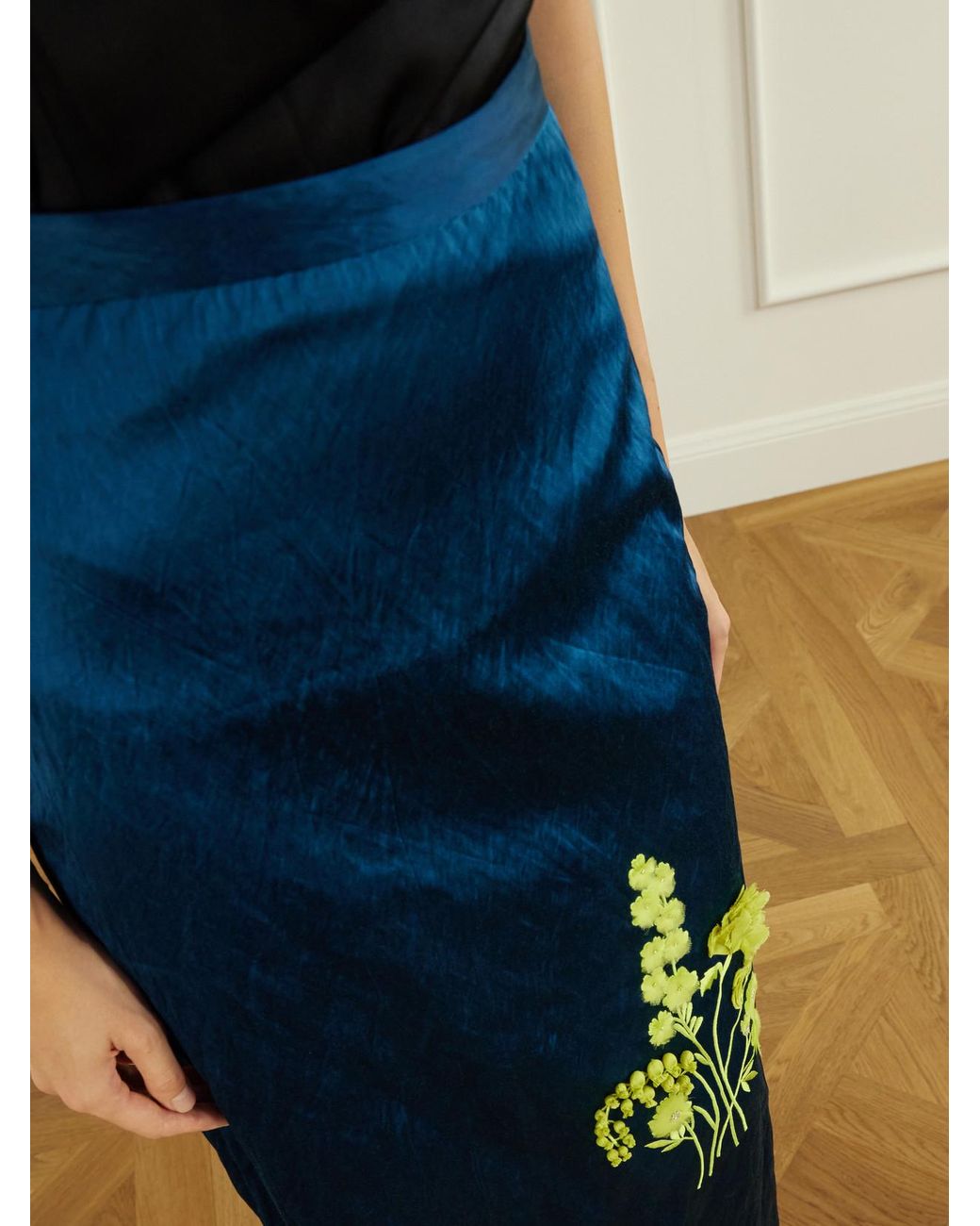Erdem Blue Floral-Embroidered Metallic Satin Midi Skirt