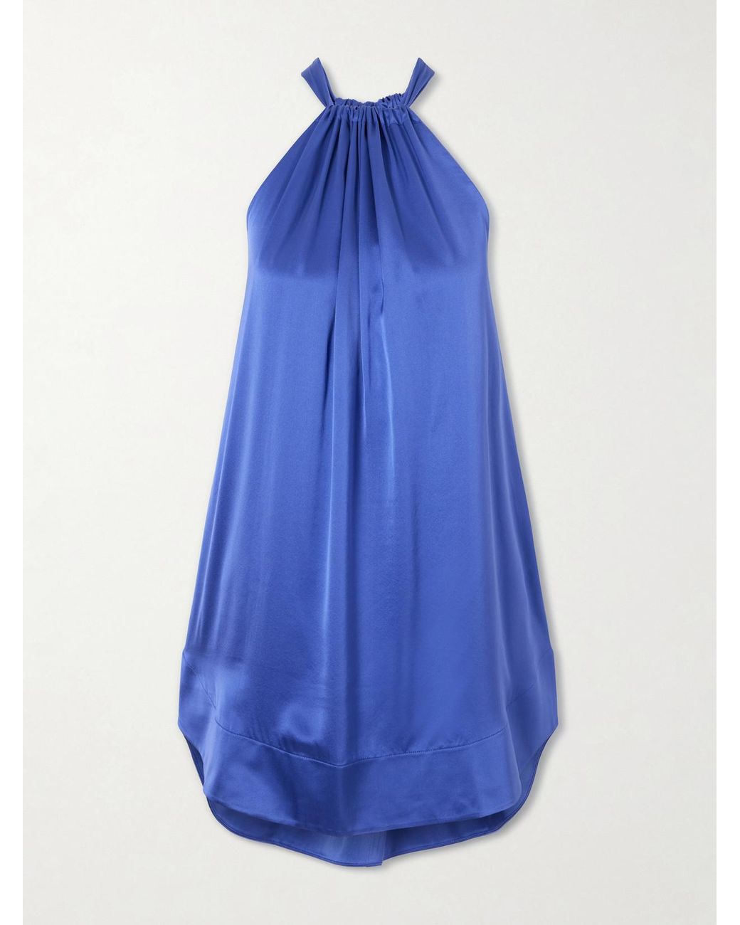 Aflalo Blue Bexley Gathered Silk-Satin Halterneck Mini Dress