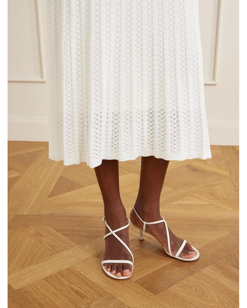 Rebecca Vallance White Embellished Crochet-Knit Midi Dress