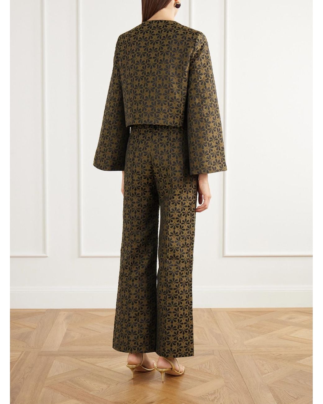 D'Estree Green Yoshitomo Pintucked Floral-Jacquard Wide-Leg Pants