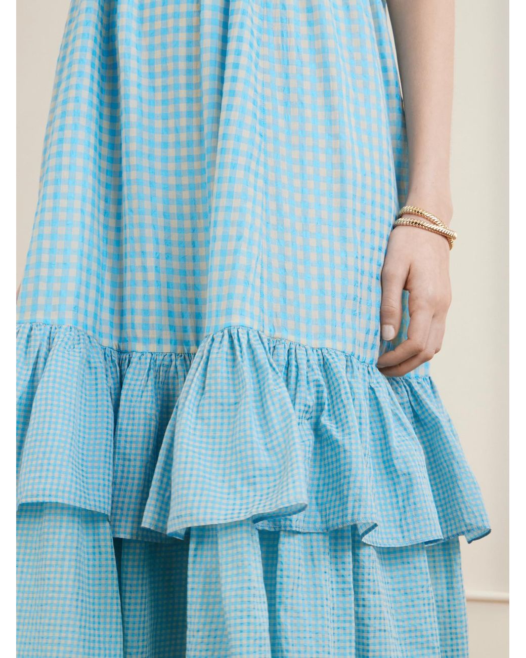 Eka Blue Teek Ruffled Tiered Checkered Cotton Silk Dress