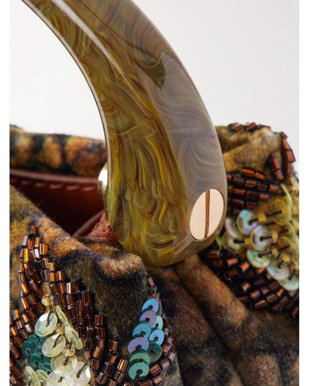 Dries Van Noten Green Bead-Embellished Printed Leather-Trimmed Velvet Shoulder Bag