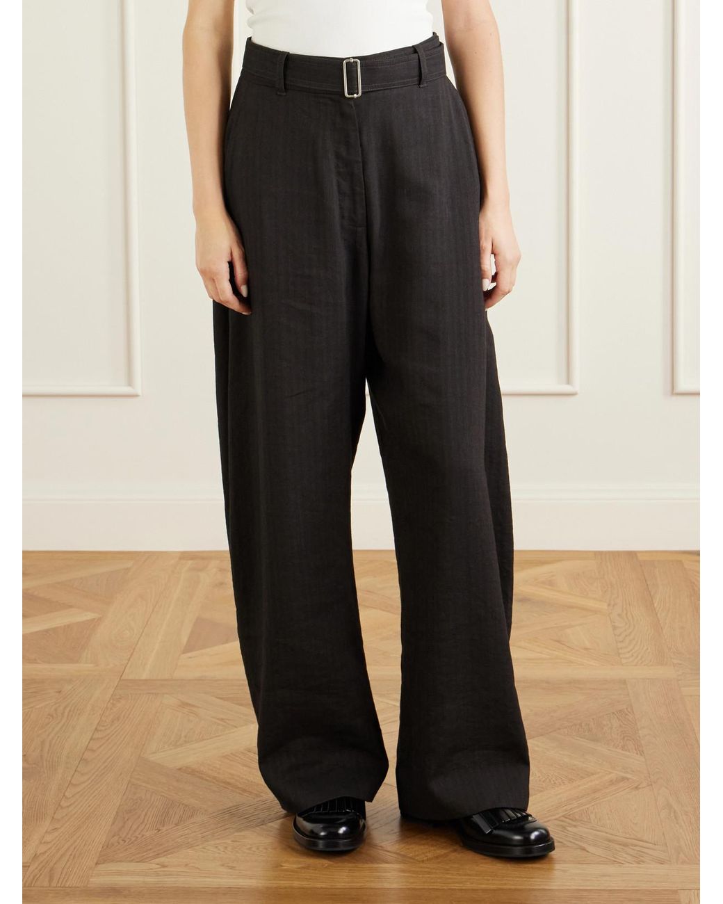 Studio Nicholson Black Chatto Belted Herringbone Cotton And Linen-Blend Wide-Leg Pants