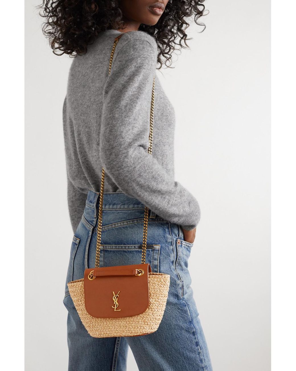 Saint Laurent Brown Manon Mini Leather-Trimmed Raffia Shoulder Bag