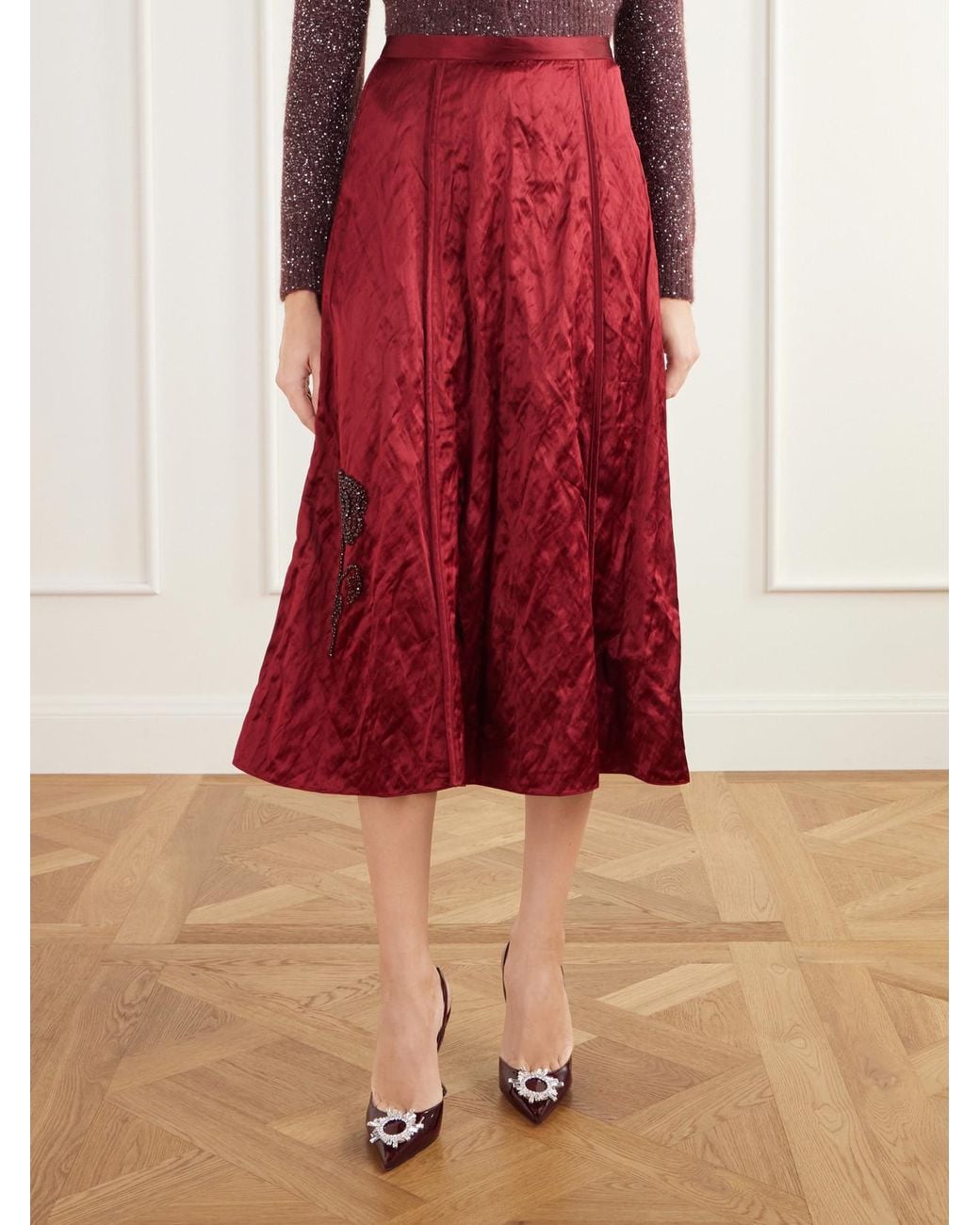Erdem Red Crystal-Embellished Crinkled-Satin Midi Skirt