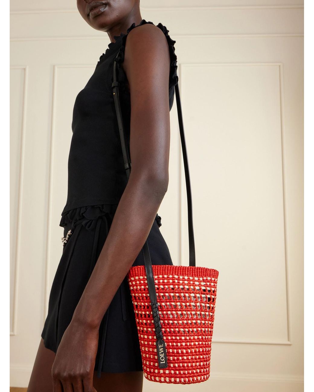 Loewe Red Paula's Ibiza Braid Leather-Trimmed Raffia Shoulder Bag