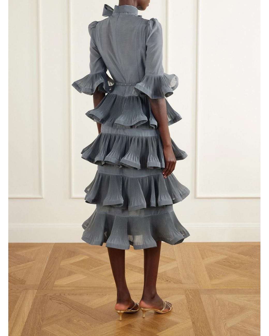 Zimmermann Blue Pussy-Bow Ruched Tiered Plissè Organza Midi Dress